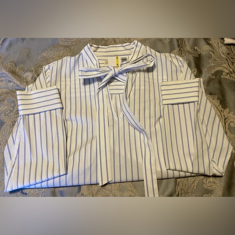 NEW Michael Michael Kors Long Sleeve Bow Neck Striped Blouse Shirt